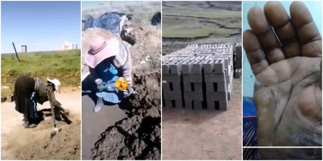 Elderly woman causes buzz as she builds house with bare hands, hands swells from hard work (Video)