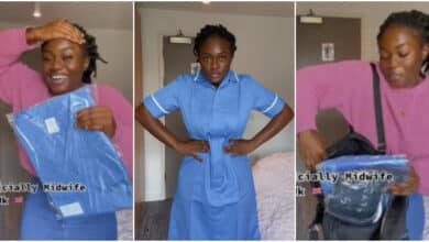 Lady over the moon as relocates to UK becomes certified midwife, shows off her blue uniforms