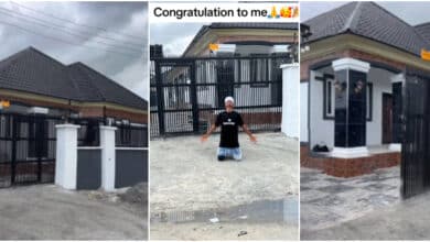 Nigerian man gets emotional, goes on his knees, and celebrates endlessly as he finally completes his new house (Video)
