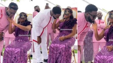 Nigerian bride given wedding beard-feeling challenge at her wedding, she mistakenly chooses the wrong groom (Video)
