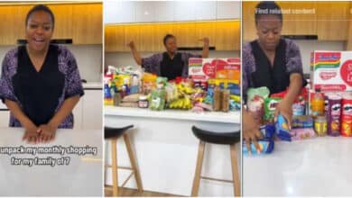 "Let the poor breathe" - Nigerian lady causes a stir as she displays massive monthly foodstuffs for her family of 7 (Video)