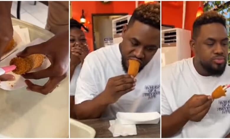 Lady inserts her pregnancy test stick in her man's food to announce she's pregnant (video)