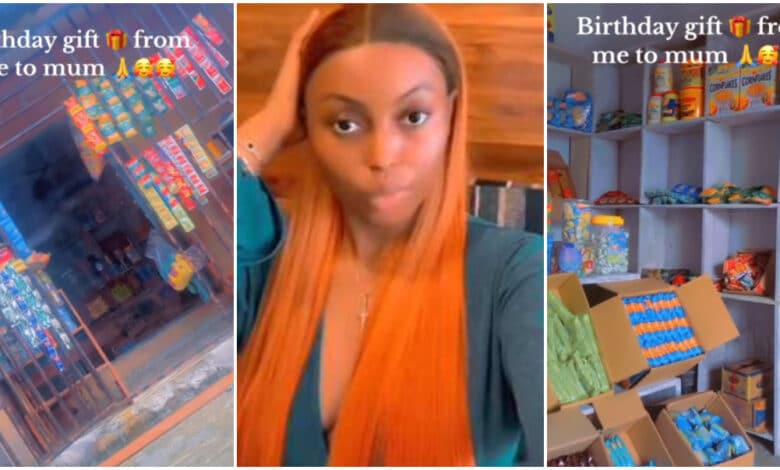 Nigerian lady melts hearts as she gifts her mother a mini supermarket on her birthday (Video)