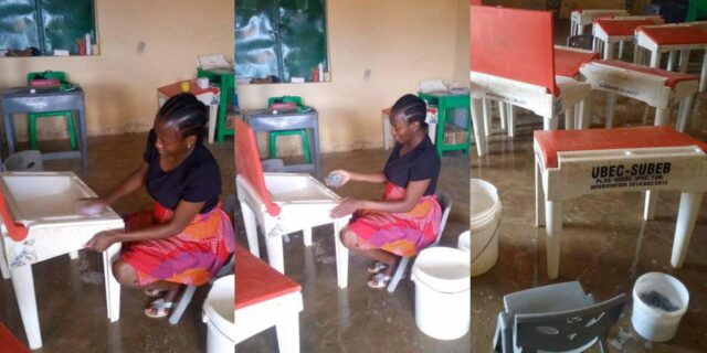 Teacher wash pupils' desks