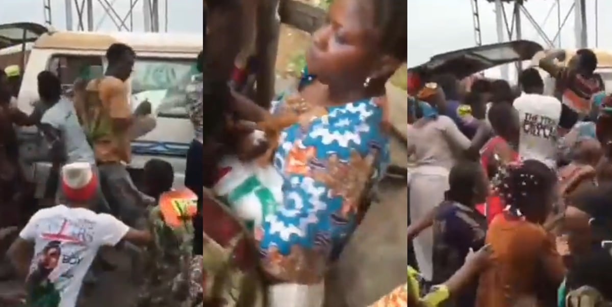 Ibadan residents loot bus fully loaded with bags of rice (Video)