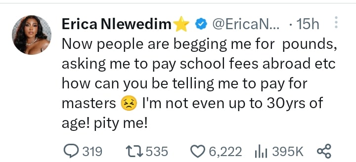 “How can you ask me to pay for your masters” – Erica cries out as fans beg after Cross hinted about her wealth