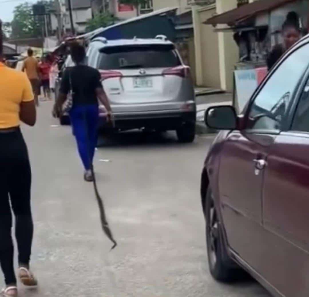 Lady sweeps the street of Uyo with her long braids (Video)