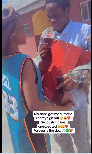 Young lady melts hearts as she surprises graduating boyfriend with gift on sign-out day (Video)