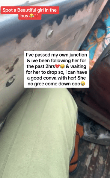 Male corper causes buzz as he misses his bus stop after spotting a beautiful girl in transit (Video)