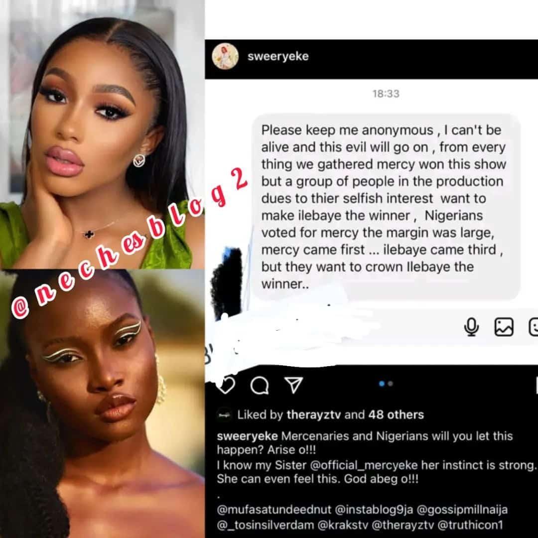 "Mercy topped the poll but BBN production wants Ilebaye to win" - Insider alleges