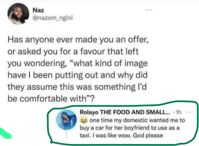 "He needs it for Taxi" - Drama as housemaid asks her madam to buy new car for her boyfriend