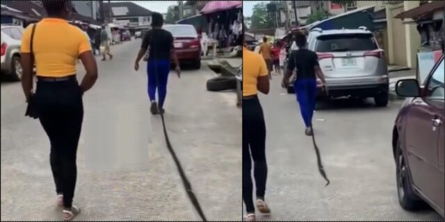 Lady sweeps the street of Uyo with her long braids (Video)