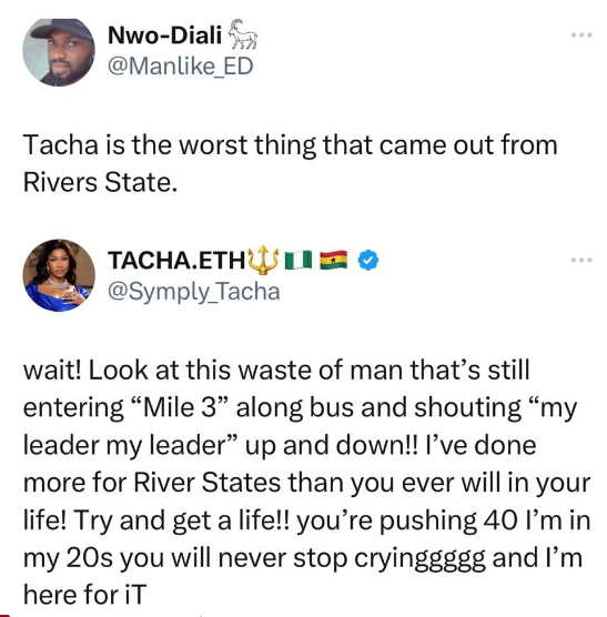 Tacha claps back at troll who said she is the ‘worst thing’ to come out of Rivers State
