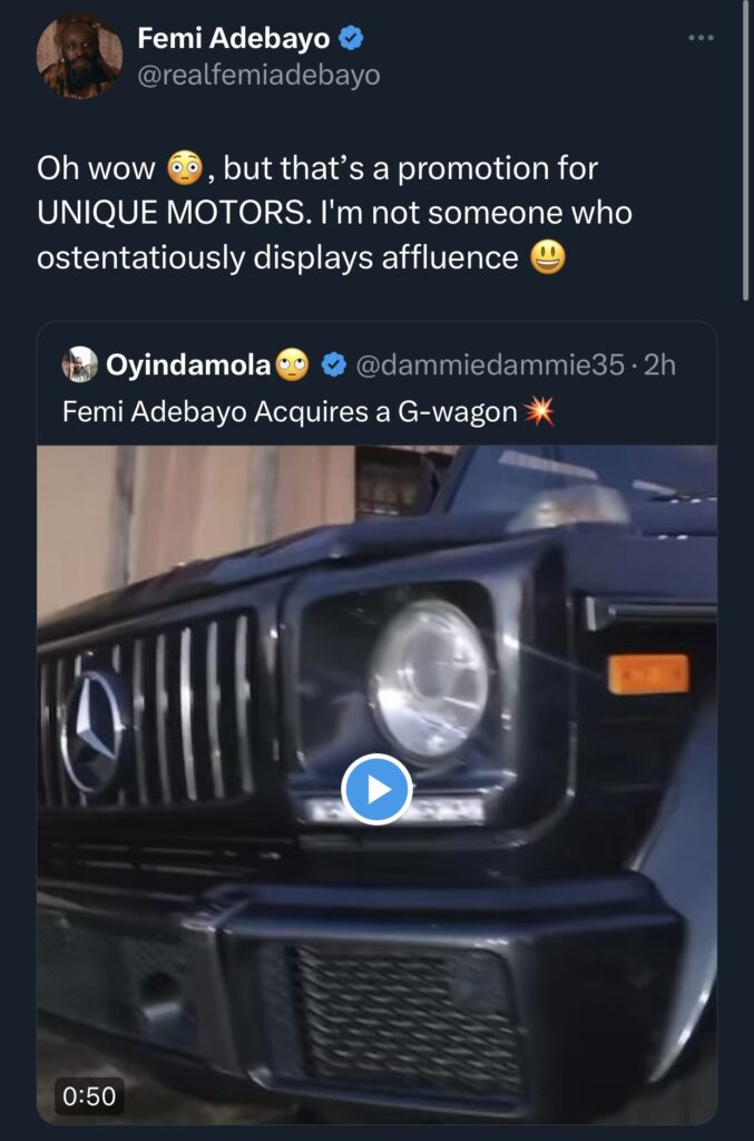 Femi Adebayo responds to well-wishers, debunks news of buying new G-wagon