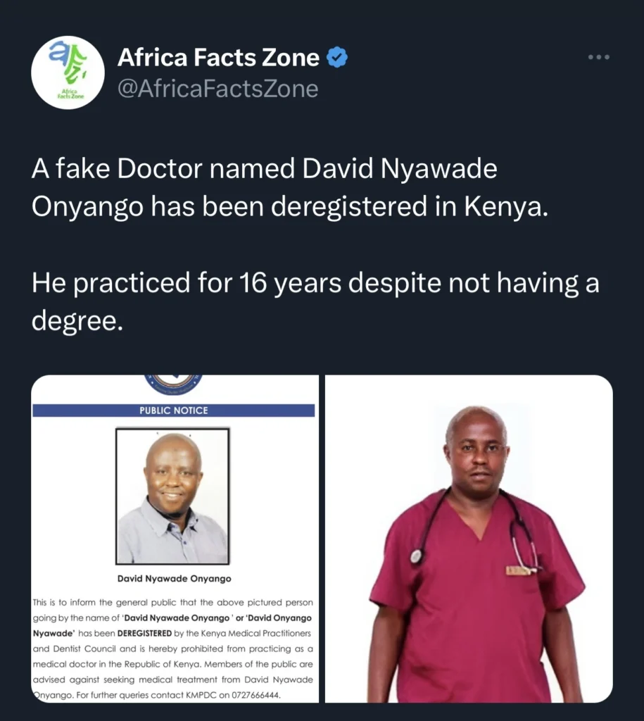 Fake Doctor deregistered in Kenya for practiced for 16 years without medical degree