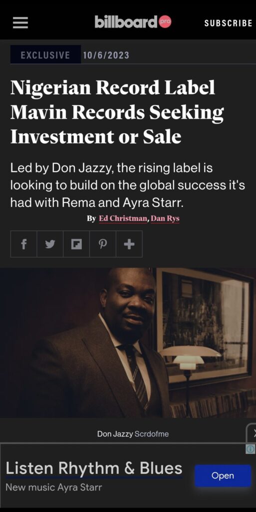 “Mavin Records seeking Investment or Sale” — Billboard Website 