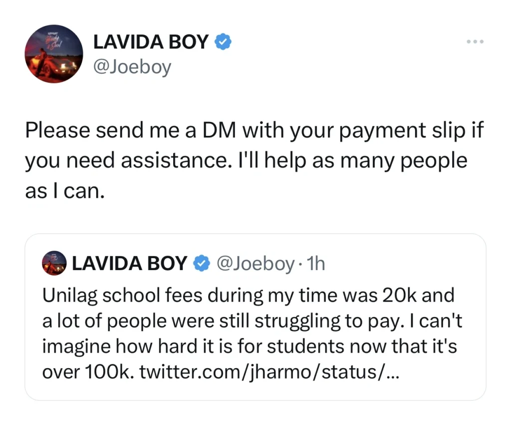 Joeboy offers financial assistance to Unilag students due to hike in school fees 