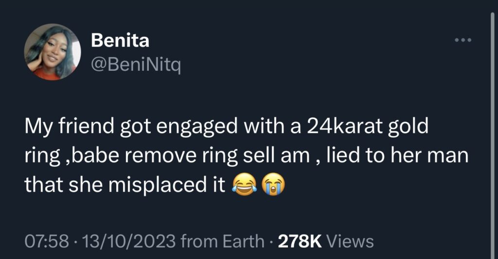 “How my friend sold her 24 carat engagement ring” — Lady reveals