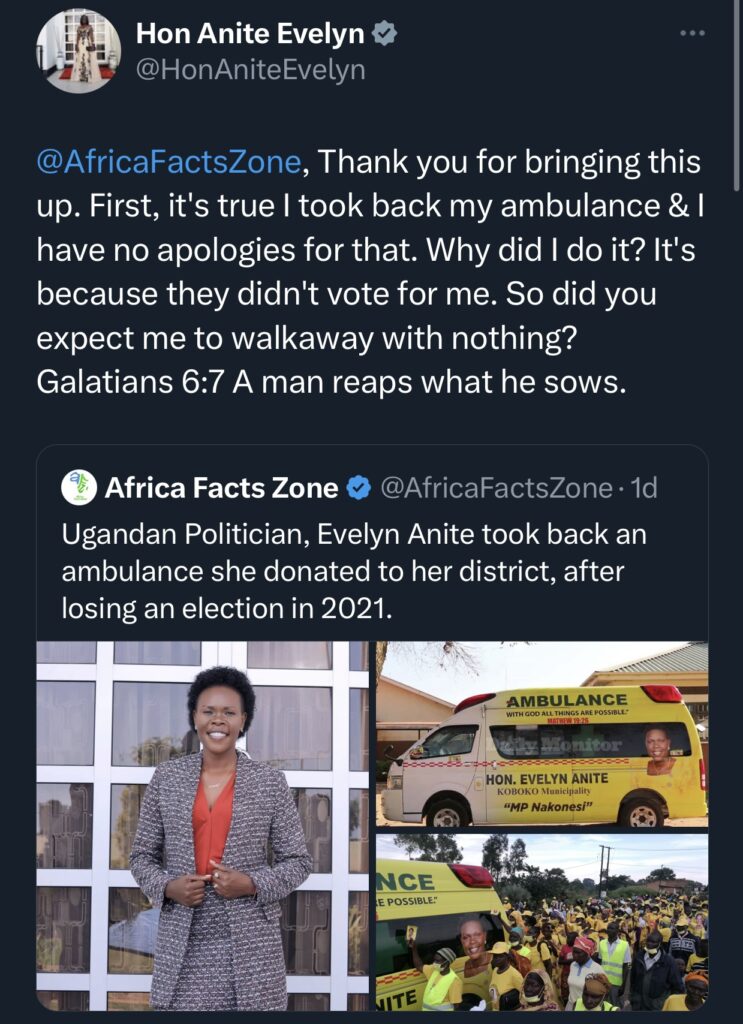 Shocking: Ugandan politician takes back Ambulance she donated after losing election
