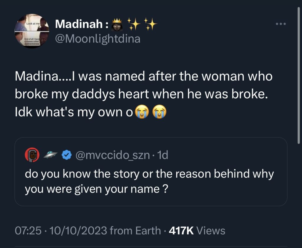 Lady reveals how she was named after the woman who broke her dad’s heart