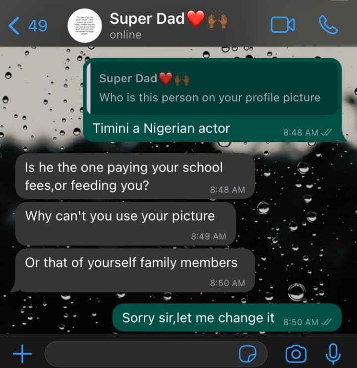 “Is he the one paying your school fees” — Father quizzes as his daughter uses a photo of Timini as her display photo