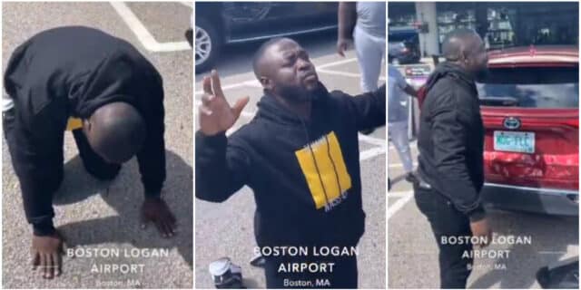 Man overjoyed, goes down on kneels to give praise after successfully relocating to United States, Video melts hearts