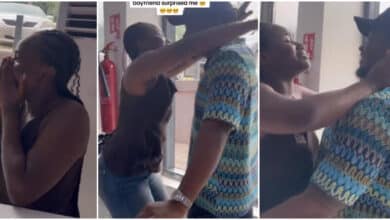 Lady shocked, overjoyed as her boyfriend makes a surprise return to Nigeria from the UK to see her
