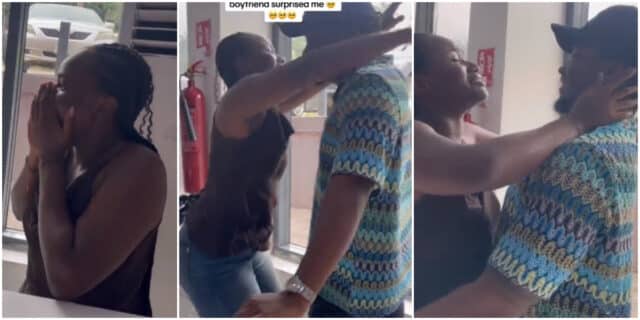 Lady shocked, overjoyed as her boyfriend makes a surprise return to Nigeria from the UK to see her
