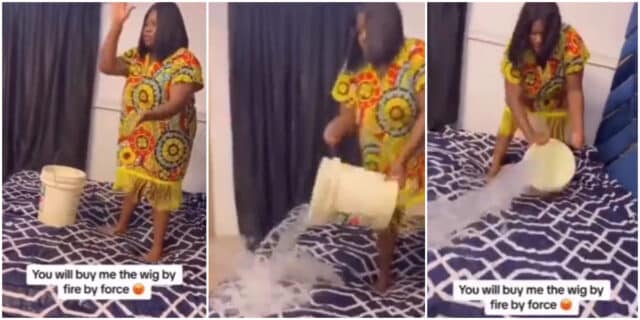 “We will not sleep today” - Angry wife soaks their matrimonial bed with water after husband refuses to buy her wig; Video causes buzz