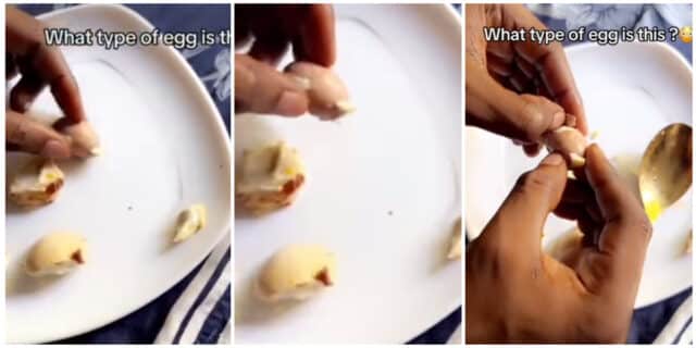 "Which kind egg is this, abeg?" - Man shocked as he finds another egg with its shell inside his hard-boiled egg during breakfast