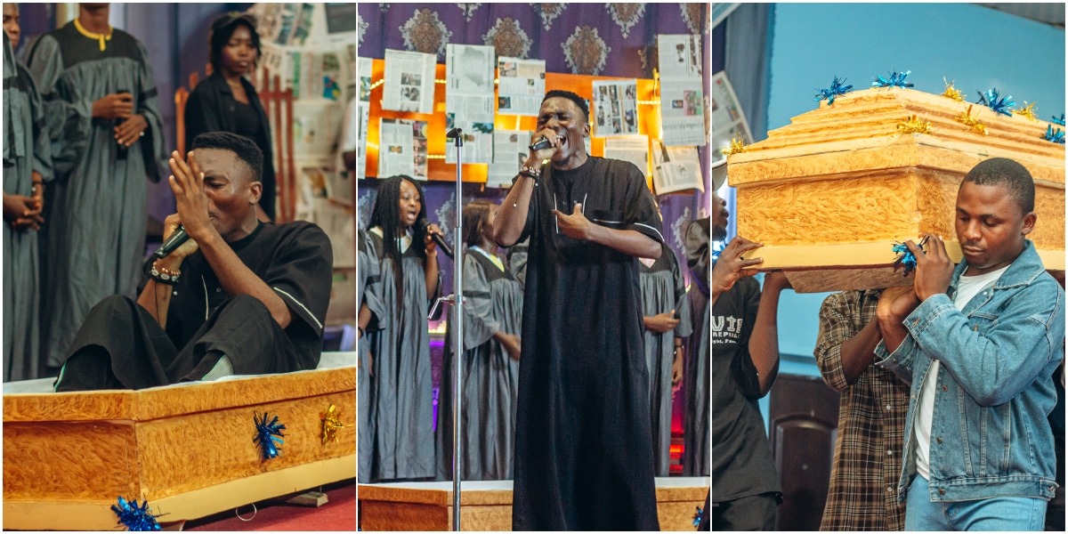 Drama as gospel singer arrives on stage in coffin to perform