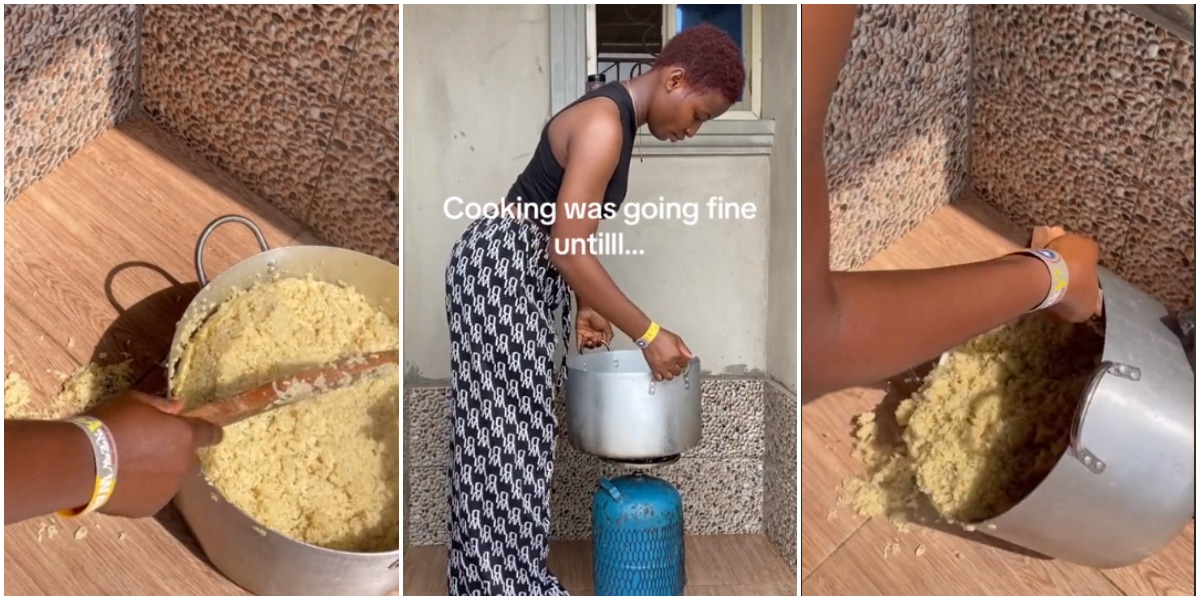 Moment Nigerian chef poured huge pot of food on floor while doing TikTok video