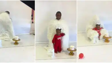 Woman causes buzz as she poses like chair during birthday photoshoot to keep her child calm