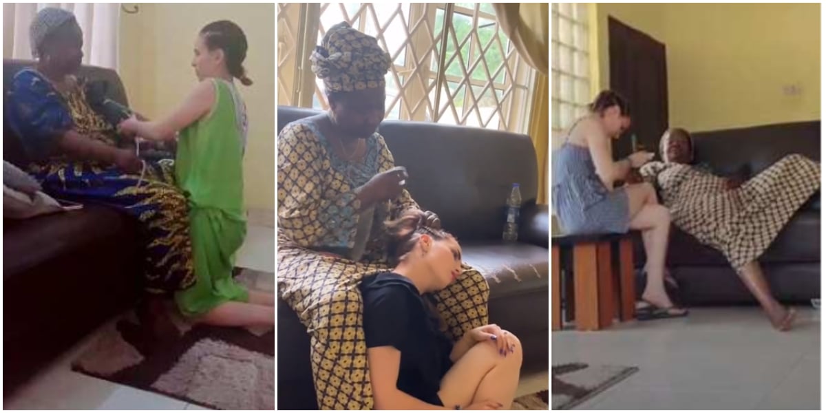 Woman spotted braiding her Oyinbo daughter-in-law's hair