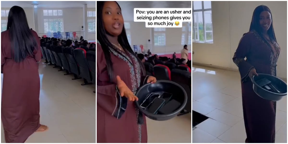 "You sha no fit beat me" - Female Usher causes buzz as she seizes phones of church members during service