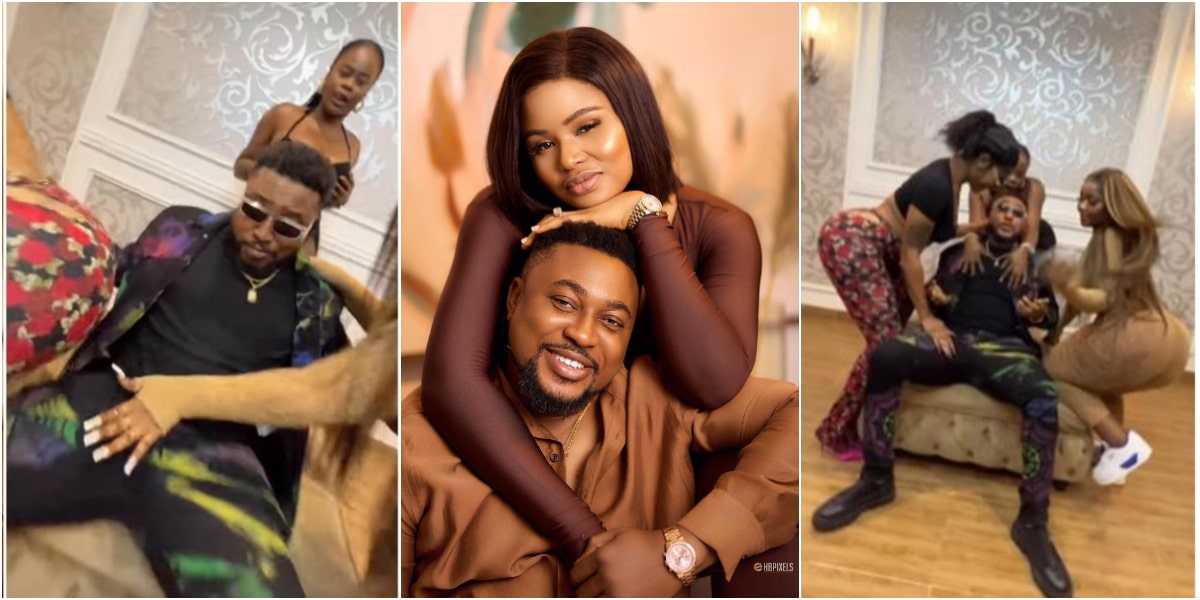 Well-known actor Nosa Rex has caught the attention of his wife, Deborah, after sharing a video of himself with some heavily-endowed women.