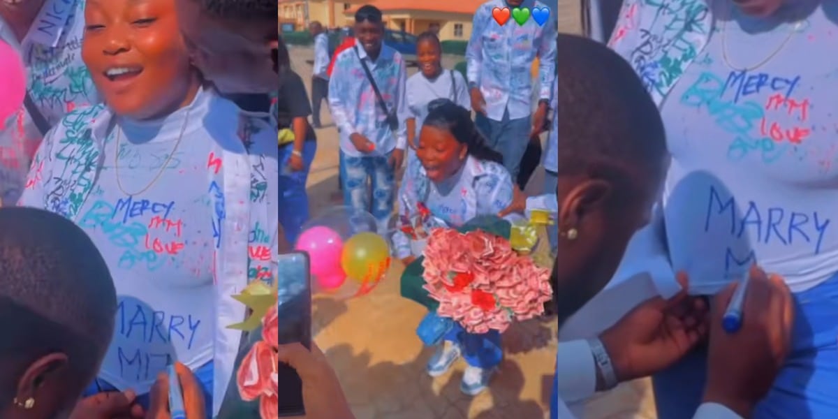 Final year student proposes girlfriend 'marry me' sign-out shirt