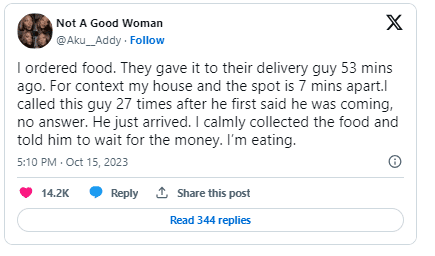 "I called this guy 21 times" - Lady shares how she taught a delivery man who brought her food late a lesson