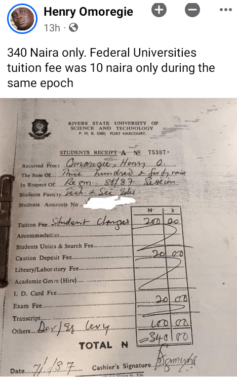 "I paid just N340" - Nigerian man shares his 1987 university tuition fee official receipt online, receipt causes buzz