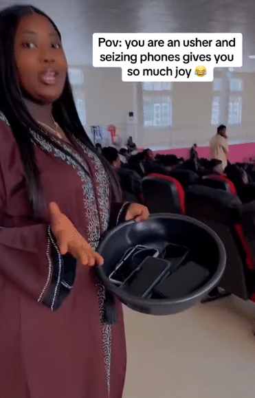 "You sha no fit beat me" - Female Usher causes buzz as she seizes phones of church members during service