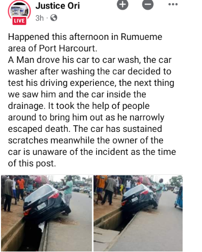 Moment car wash attendant narrowly escapes death after crashing customer's vehicle while test driving it in Port Harcourt