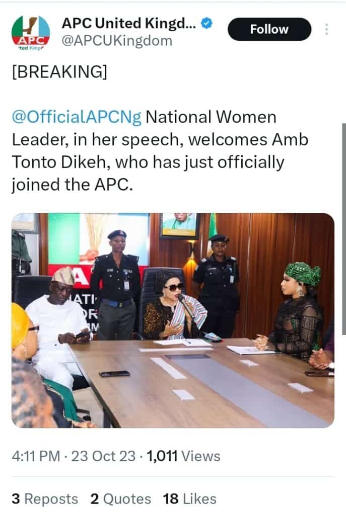 Tonto Dikeh decamps to APC