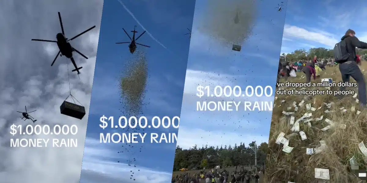 Bohatý muž vydělává v České republice peníze tím, že ve virálním videu shodí 1 milion dolarů z vrtulníku.
