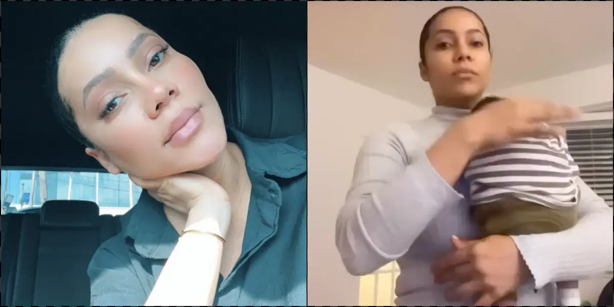 Adorable moment Maria Chike bonds with son as he clocks a month