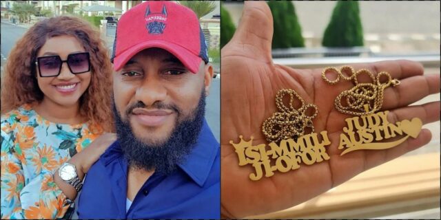 Yul Edochie gets matching customized gold chain for himself and Judy Austin
