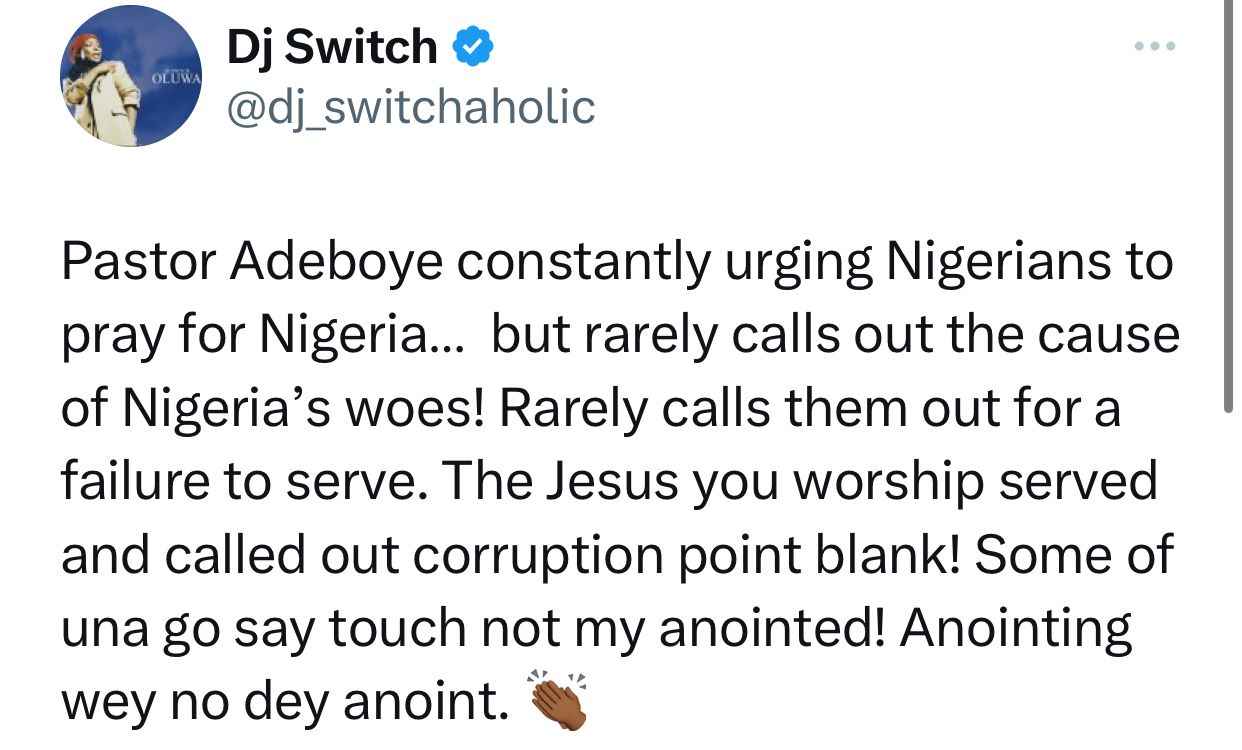 "I expect him to curse the people who have plunged Nigeria into deep poverty, corruption" ― DJ Switch Tackles Pastor Adeboye