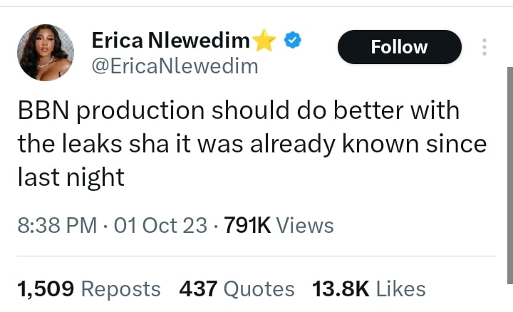 Erica urges BBNaija's production team to 'do better' following Ilebaye's win