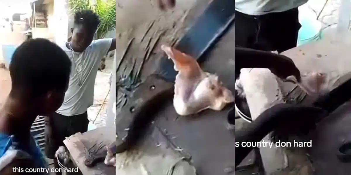 “Just kuku pound am” — Reactions as man forces meat seller to cut small piece of chicken to 17 parts