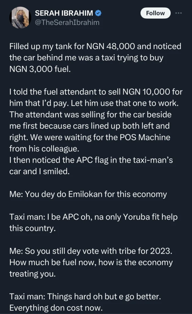 Lady reveals how she nearly gifted taxi driver 10k worth of fuel until she discovered he supports APC