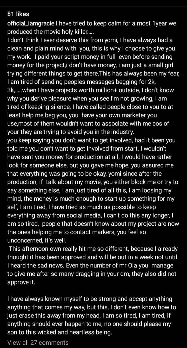 "At this point, suicide is an option" - Yomi Fabiyi's estranged baby mama